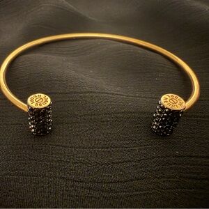 Henri Bendel Gold Black Cuff Bracelet Signed with Black Crystal Ends